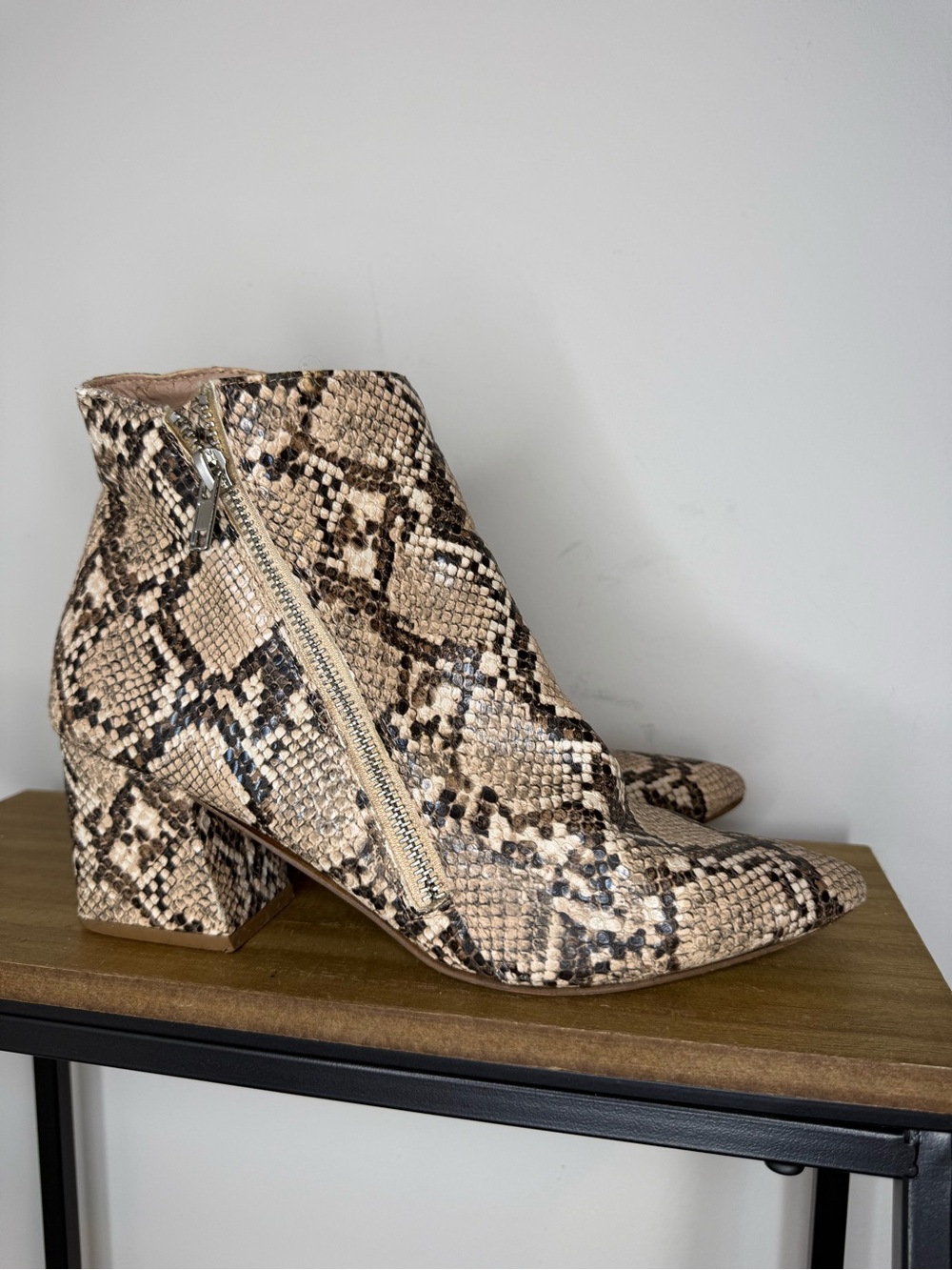 Steve Madden Snake-Print Block Heel Ankle Boots - Beige - Picture 1 of 10